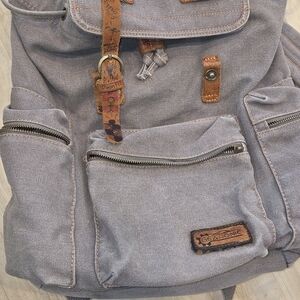 Men's Canvas Backpack in Light Gray with Brown Accents